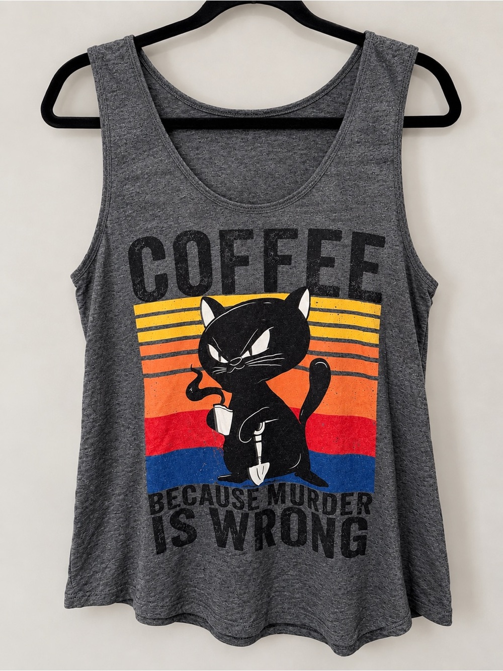 Coffee Black Cat Graphic Tank Top Gray Retro Striped Sleeveless Shirt